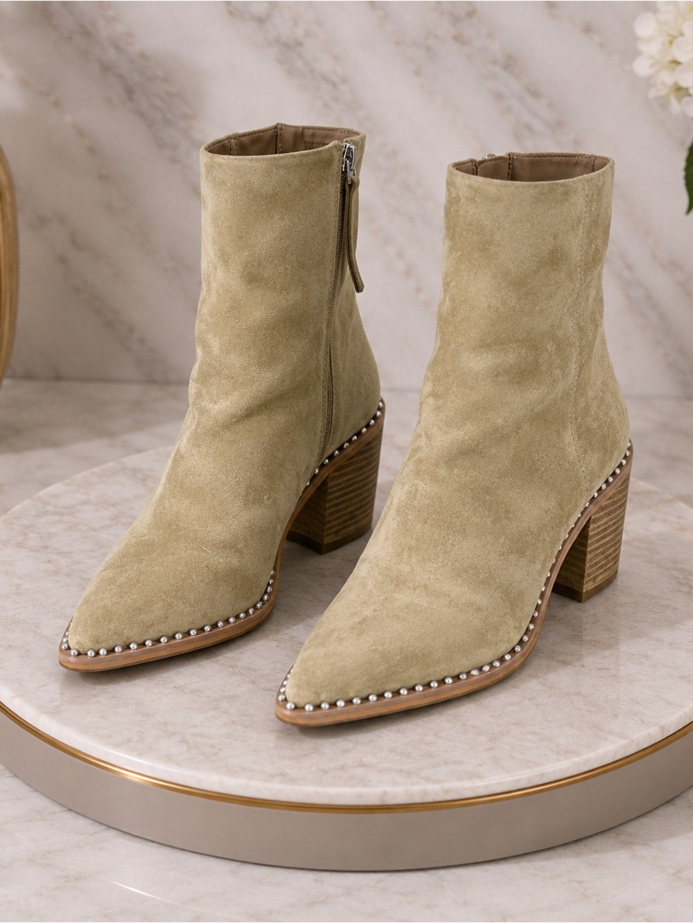 Steve Madden Suede Ankle Boots in Light Olive with Studded Trim